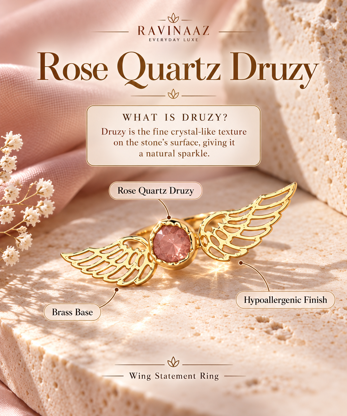 Winged Rose Quartz Druzy Statement Ring