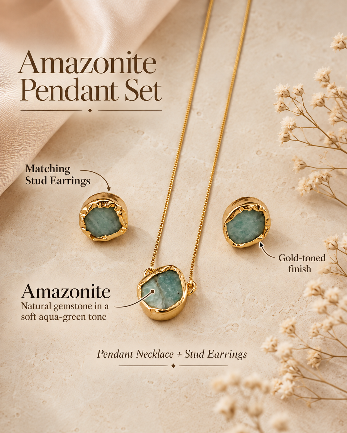 Gold-tone jewelry set featuring a pendant necklace and matching stud earrings with oval amazonite  gemstones, displayed on a beige textured surface with decorative dried flowers and text callouts.