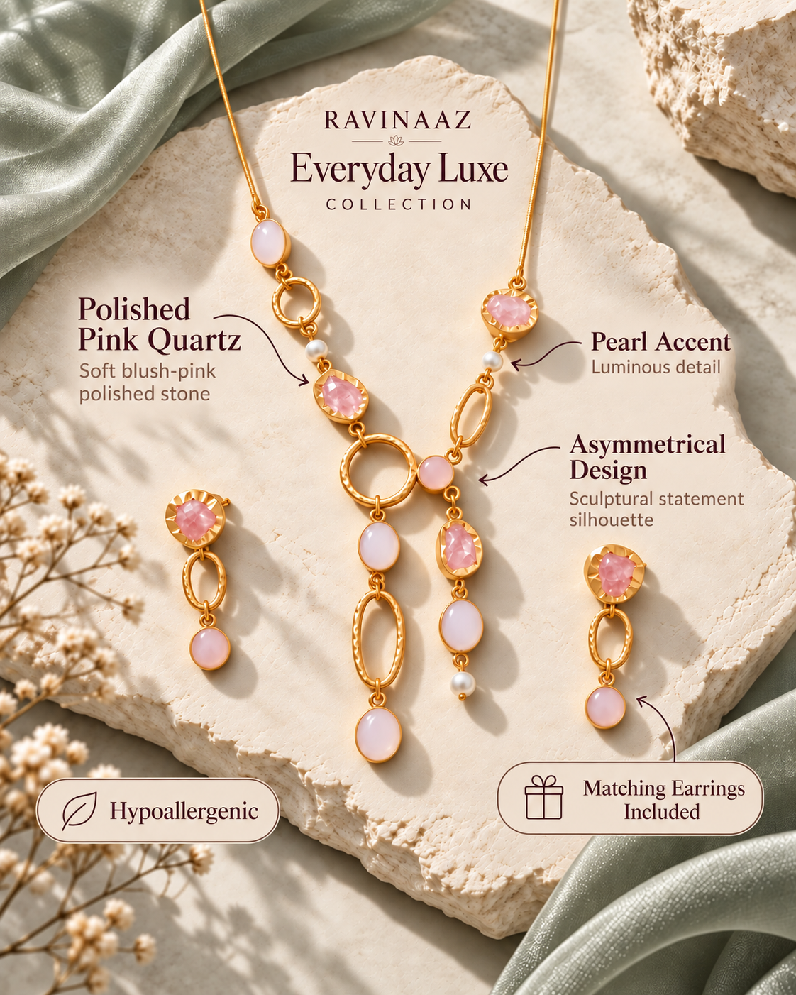 Asymmetrical Rose Quartz & Pearl Necklace Set