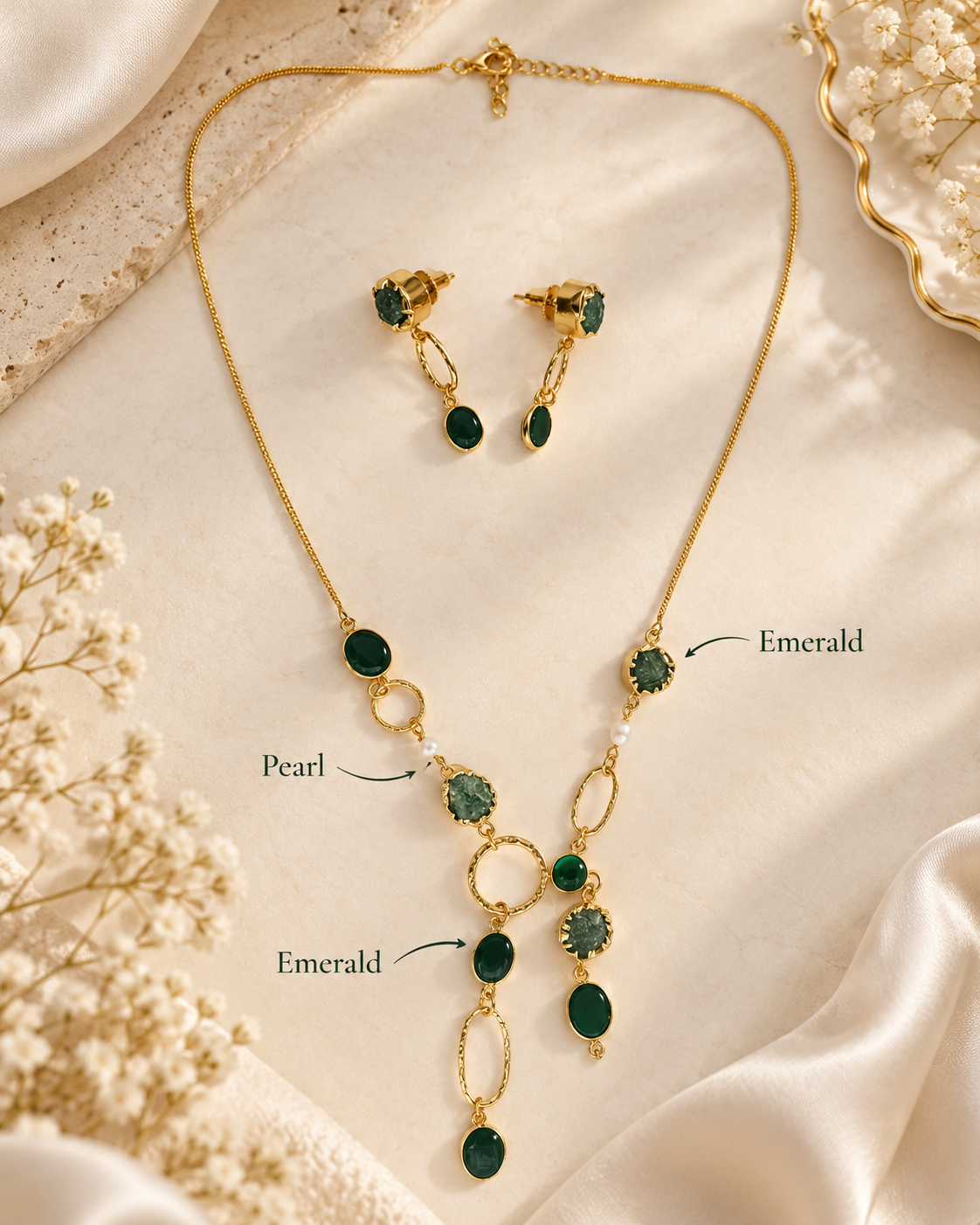 Asymmetrical Emerald & Pearl Necklace Set