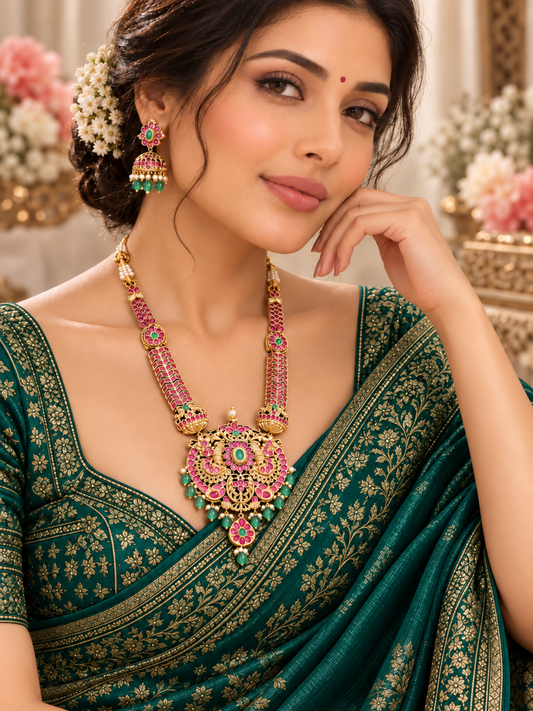 Sharvika Pachhi Kundan Long Necklace Set