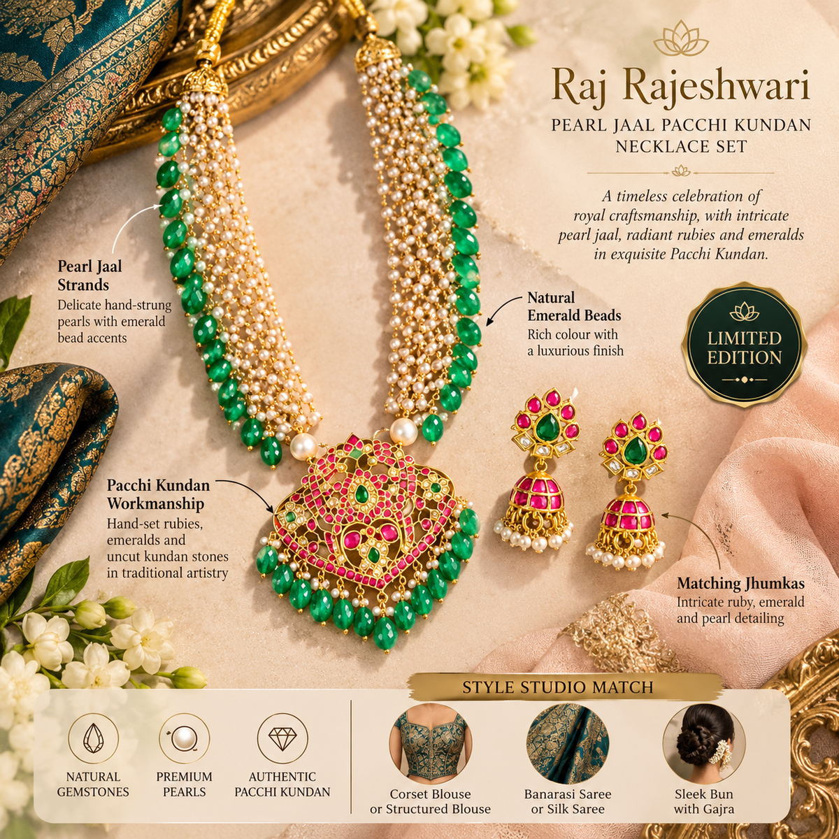 Raj Rajeshwari Pearl Jaal Pacchi Kundan Necklace Set