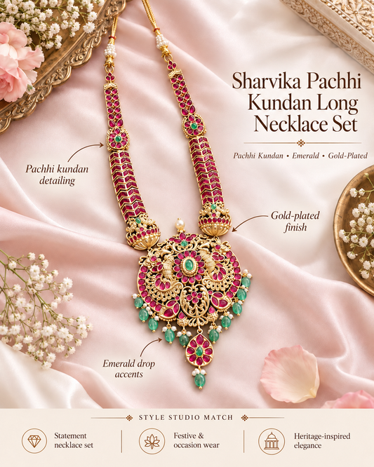 Sharvika Pachhi Kundan Long Necklace Set