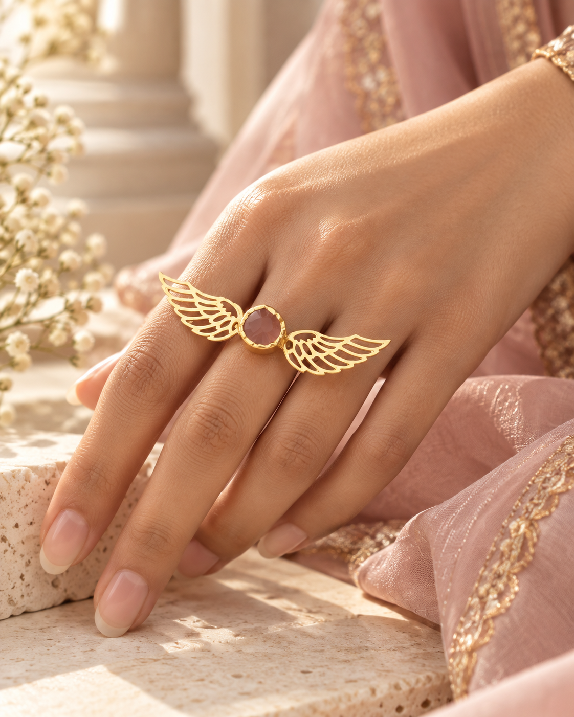 Winged Rose Quartz Druzy Statement Ring