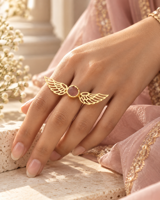 Winged Rose Quartz Druzy Statement Ring